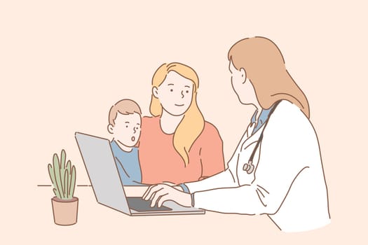 Pediatric medicine, childrens healthcare concept. A young mother with a small child paid a visit to the pediatrician. A woman doctor tells her mother how to treat her son. Simple flat vector