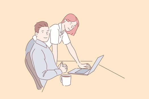 Business partners or colleagues at workplace concept. Smiling businessman and business woman working together at a desk in the office. A couple of employees work at a laptop and look at the camera.