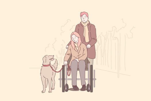 Disabled person support, love concept. Handicapped young girl with man in park, woman in wheelchair, wife walking with husband and dog, happy family spending time together. Simple flat vector