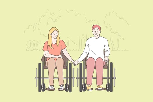 Disabled people, romantic relationship concept. Handicapped couple in park, young woman and man in wheelchairs, wife holding hands with husband, happy family spending time together. Simple flat vector