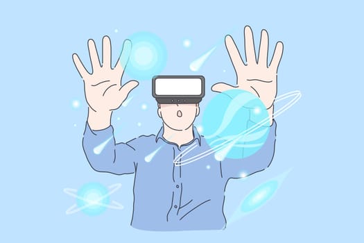 Virtual reality, AI, Business Future concept. Young successful man, businessman designs plan or project in virtual reality at office. Smart guy, clerk developing navigation system. Simple flat vector.