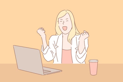 Woman reacting to good news concept. Business lady shouting with excitement, female boss receiving pleasant e mail, celebrating victory, office worker victorious gesture. Simple flat vector