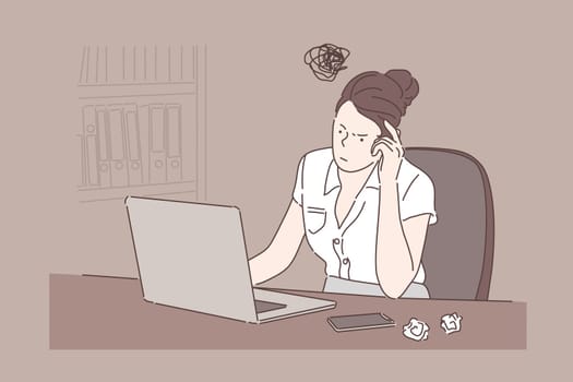 Girl sitting at desk, businesswoman working with computer at office concept. Woman typing on laptop, crumpled pieces of paper, thinking process, searching for ideas. Simple flat vector