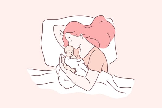 Motherhood, childcare, tenderness concept. Mother and newborn baby sleeping together, mom hugging and kissing baby, mommy and infant lying in bed, mothers day and parenting. Simple flat vector
