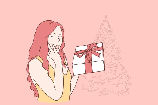 Christmas, gift, New Years eve concept. Young happy woman has prepared surprise for her fiance or lover. Joyful girl got what she wanted for xmas. Traditional celebration. Simple flat vector.