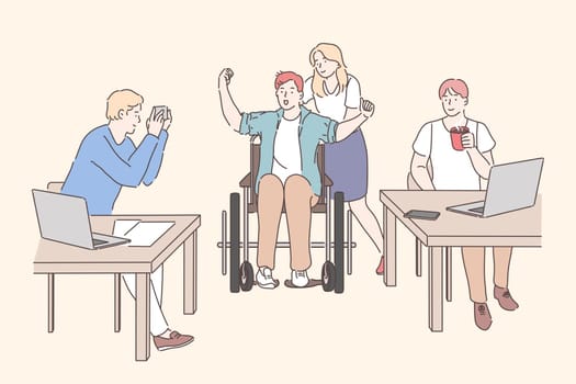Disabled person working at office concept. Young girl with man on wheelchair, male colleagues sitting at table, working with laptops and drinking coffee at workplace. Simple flat vector