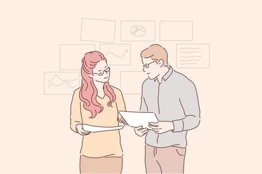 Analytics, statistics, planning, business partnership concept. Young people, man and woman, businessmen conduct analysis, development strategy, improvement together. Teamwork at office. Flat vector.