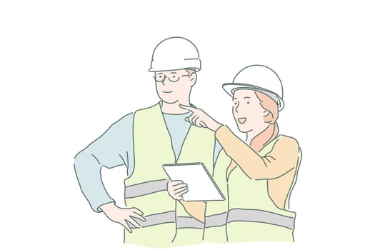 Construction, business, engineering, project plan concept. Young woman master businesswoman explains to builder foreman instructions and requirements. Teamwork, working together leaders. Flat vector.