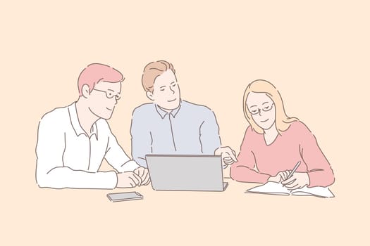 Partnership, teamwork, idea, business concept. Team of men and women, businessmen met at office, discuss, agree, plan. Partners businessmen and businesswoman develop, improve tactics work. Flat vector