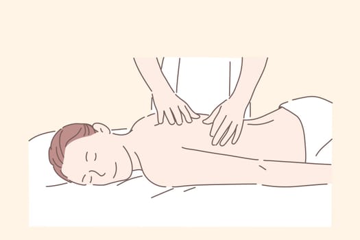 Health, massage, Spa treatment, relax concept. Young man or woman at the masseur, relaxation, rehabilitation. Patient came to therapist for help. Spa facilities. Kneading muscles of back. Flat vector.