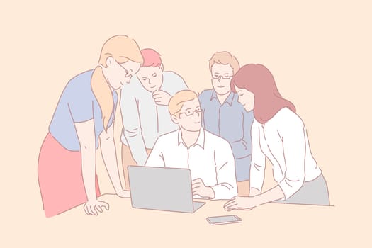 Teamwork, coworking, cooperation concept. Young, smiling business people meet in the office. Businessmen and business women near the boss and laptop discuss new ideas or a startup. Simple flat vector