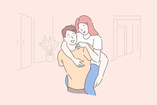 Friendship, romantic relationship concept. Happy boyfriend piggybacking his girlfriend, couple in love spending time together, smiling young man and woman having fun. Simple flat vector