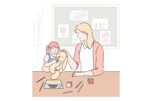Motherhood, parenting, babysitting concept. Mother and daughter playing together, little girl with toy in playroom, mom spending time with kid, mommy and child relationship. Simple flat vector