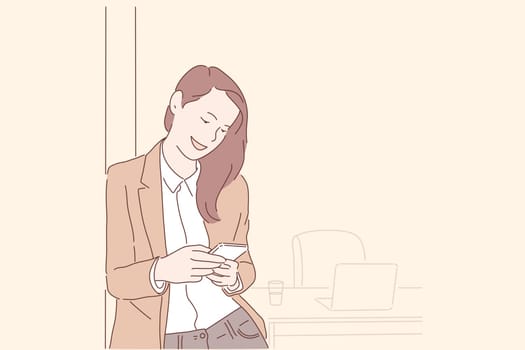 Communication, online, leisure, business break concept. Young satisfied woman businesswoman distracted from work. Smartphone gadget. Girl clerk or student responds message get information. Flat vector