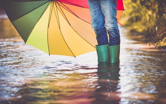 Child walking in wellies in puddle on rainy weather. Boy holding colourful umbrella under rain in summer