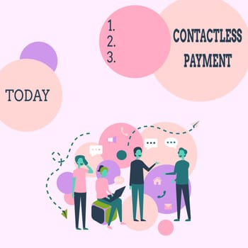 Sign displaying Contactless Payment, Business idea use near field communication for making secure payments Four Colleagues Illustration Having Conversations Brainstorming New Ideas.