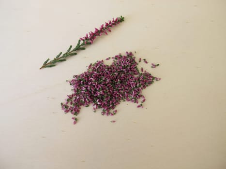 Dried pink heather flowers on a wooden board