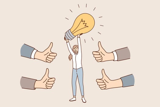 Innovative business idea and approval concept. Young caucasian positive business woman cartoon character standing holding light bulb above in hands feeling approval of colleagues vector illustration