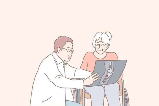Health, surgery, radiology, senile diseases concept. Young competent doctor explains diagnosis to an elderly woman, disabled person. Professional therapist, surgeon, shows an xray picture. Flat vector