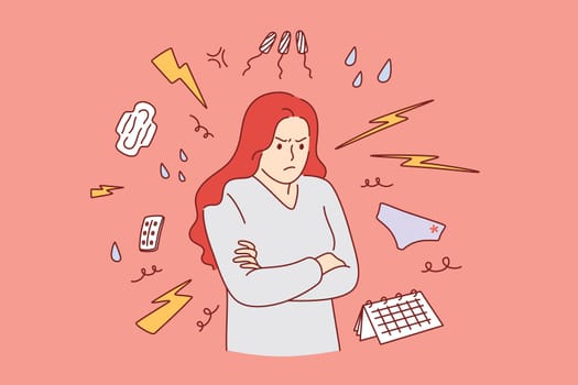 PMS and premenstrual syndrome concept. Young irritated Woman cartoon character standing suffering from premenstrual syndrome with sanitary pads and tampons around