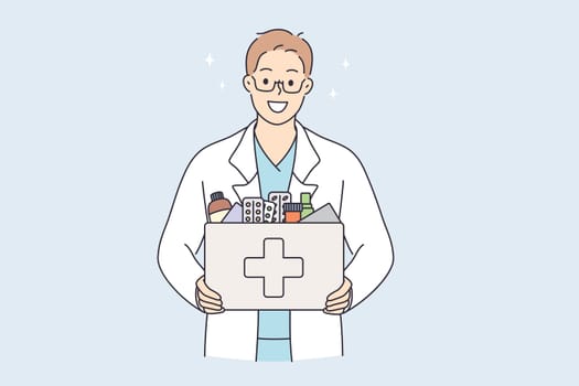 Pharmacy and selling drugs concept. Pharmacist standing and holding bag with pharmacy drugs treatment in bottle alone looking at camera vector illustration
