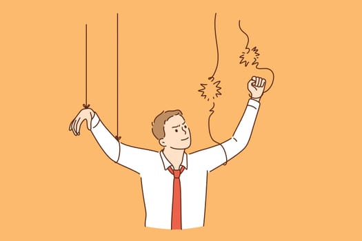Freedom from work and independence concept. Young businessman marionette, puppeteer cartoon character using scissors to cut stripes and feeling independent vector illustration