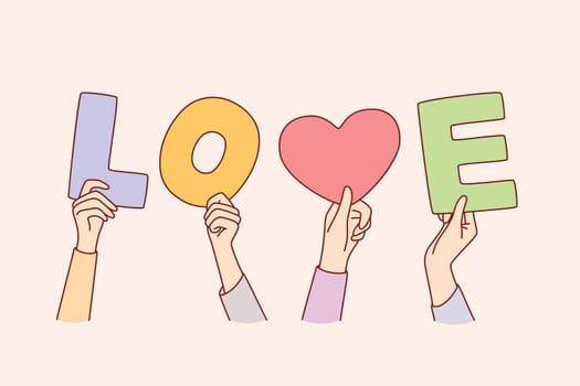 Concept of charity and love. Human hands forming love word with letters and symbols meaning positive attitude vector illustration.