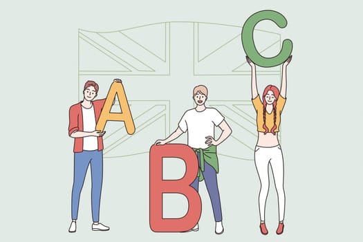 Education and English language lesson concept. Young smiling students cartoon characters standing holding english letters in hands vector illustration
