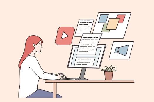 Creativity, remote work, freelance concept. Young smiling woman designer sitting working on computer looking at screens and documents illustration vector