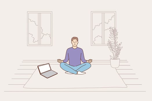 Meditation online, anti stress, mental health concept. Young positive calm man cartoon character sitting on floor at home making meditation lesson online with laptop vector illustration