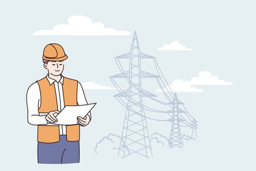Engineer construction during work concept. Young positive man cartoon character engineer in work protective wear standing looking at plan at construction vector illustration