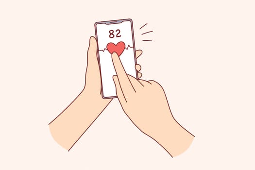 Digital devices for checking health concept. Human hand holding digital device registering heartbeat on mobile phone screen monitoring health condition vector illustration