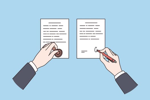 Official Notarization of documents concept. Hands of notary holding stamp and making signature on papers on blue background isometric vector illustration, top view