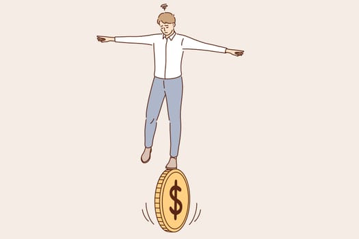 Business financial risk, balance of economics concept. Young businessman cartoon character standing balancing not to fail from walking on golden coin feeling doubt vector illustration