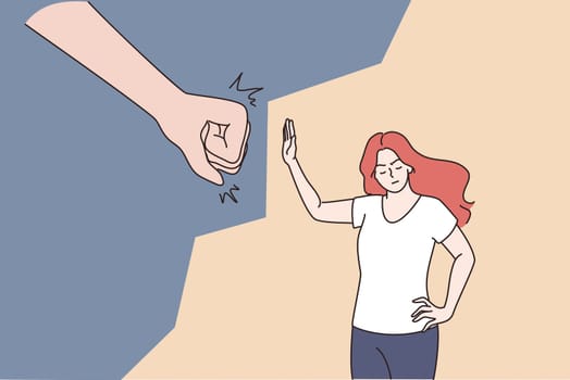 Female abuse and harassment concept. Strong woman cartoon character fighting domestic violence and violent treatment of women trying to Stop violence vector illustration
