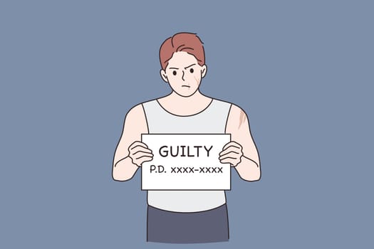 Criminal avatar, Robber, thief, bandit photo. Man cartoon character standing beside wall with black board in hand and word guilty looking at camera vector illustration