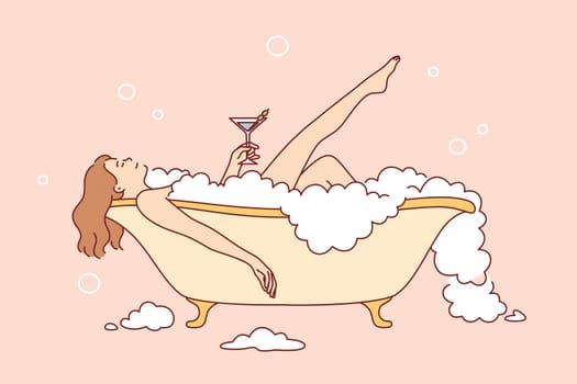 Skincare, pleasure, relaxation at home concept. Young pretty Woman cartoon character taking bath with bubble and drinking cocktail for hygiene and beauty feeling positive vector illustration