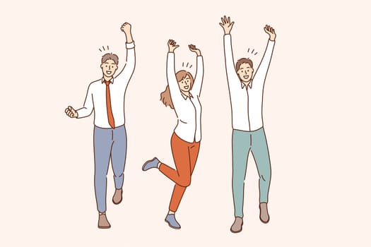 Success, teamwork, celebrating victory concept. Group of young smiling positive business people cartoon characters standing with raised hands celebrating victory together