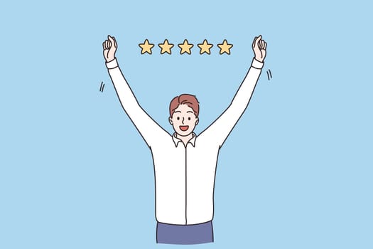 Business rating, success, reaching goal concept. Young smiling businessman cartoon character standing feeling happy with five stars rating above vector illustration