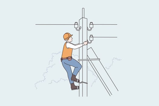 Lightning equipment and workers concept. Man Lineman worker climbing up telephone post, high voltage vector illustration