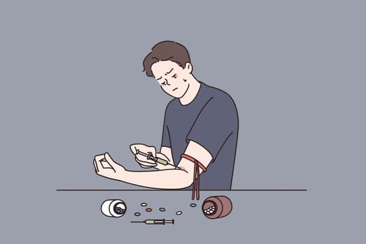 Addiction to drug and health danger concept. Young sick man cartoon character using syringe and medical pills Vector illustration