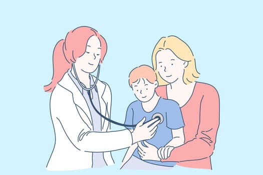 Medical examination in hospital concept. Doctor listening to child chest, checking heartbeat using stethoscope, mother and son visiting female pediatrician. Simple flat vector
