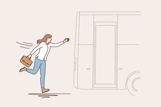 Lateness and lack of time concept. Business woman cartoon character running trying to catch leaving bus outdoors vector illustration