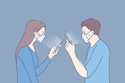 Protection, quarantine, communication, infection, coronavirus concept. Couple man and woman with medical face masks sit home communicate online reading news. 2019ncov biohazard COVID19 desease danger.