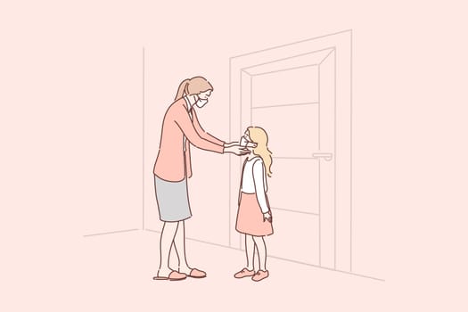 Healthcare, quarantine, protection, coronavirus infection concept. Cartoon characters mother putting medical face mask on kid child daughter face. Covid19 desease prevention and 2019ncov biohazard.