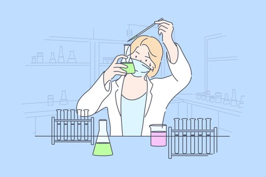 Science, chemistry, experiment concept. Young happy woman scholar medical worker makes chemical reaction with reagents in laboratory. Scientific test academic research or vaccine creation illustration