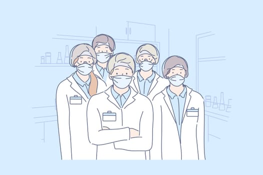 Healthcare, medicine, infection, coronavirus, protection concept. Group or team of men and women doctors colleagues with medical face masks illustration. 2019ncov biohazard. Covid19 desease danger.