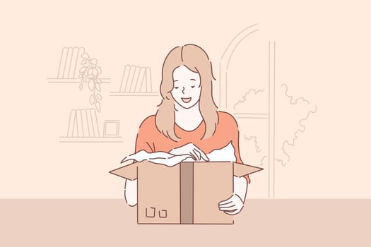 Unwrapping pleasant surprise, package delivery concept. Young girl unpacking cardboard parcel with delighted facial expression, customer opening box. Simple flat vector