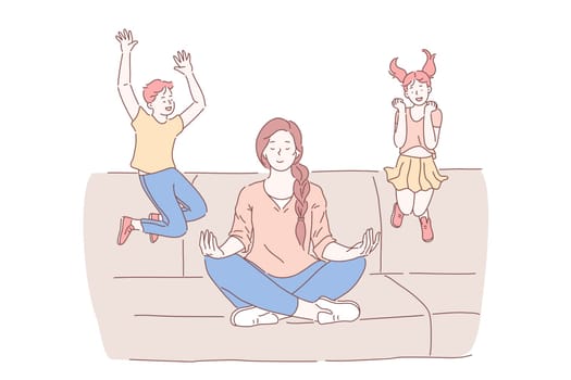 Motherhood, psychological balance concept. Mother meditating in lotus pose with excited kids jumping on sofa, relaxed mommy practicing yoga calming techniques. Simple flat vector