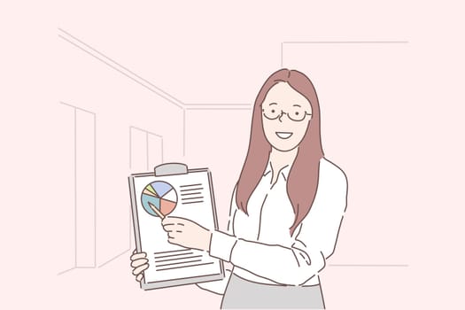 Analytics, progress indicator, conference planning concept. Young happy woman businesswoman analyst presentation of performance for period. Successful girl shows chart of indicators data. Flat vector.